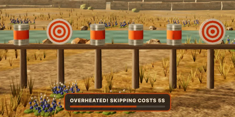 A skipped problem: a banner at the bottom of the range reads Overheated! Skipping costs 5s