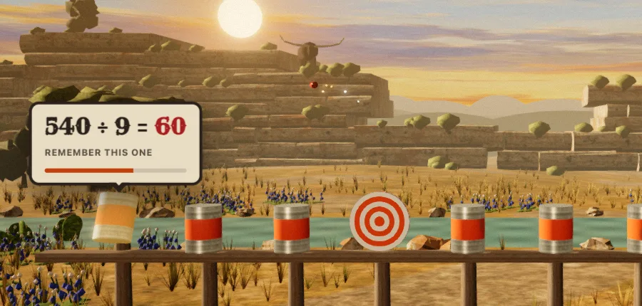 A missed problem: the card on the can reads 540 ÷ 9 = 60, Remember this one, with a timer bar draining